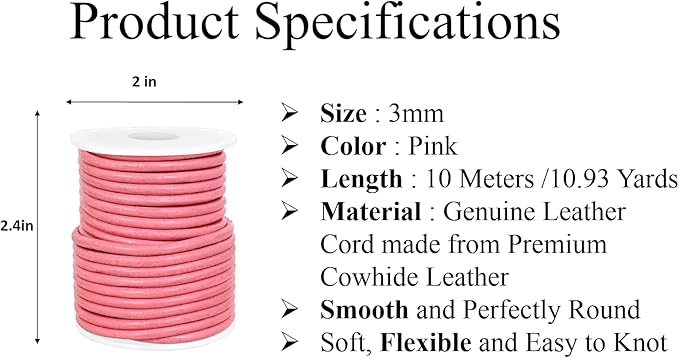 GENIQUE Real/Genuine Round Leather String Cord for Necklace, Bracelets, Jewellery, Braiding (3mm, Pink)