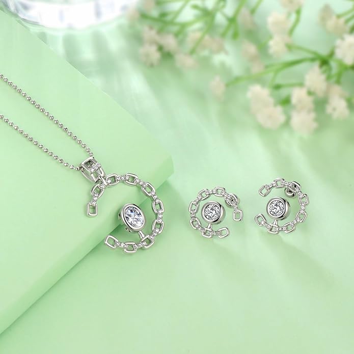 Ydou Elegant C-Shaped Crystal Necklaces/Stud Earrings Set with Birthstone Jewelry Set Silver Plated Fashion Jewelry for Women CS0003