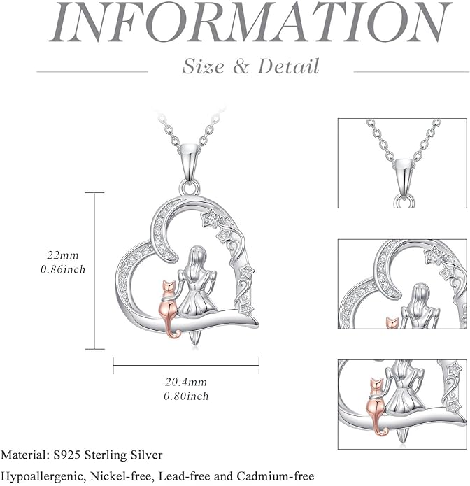Cat Gifts for Women 925 Sterling Silver Heart Moon Cat Necklace Pendant Women Jewelry Halloween Christmas Gifts