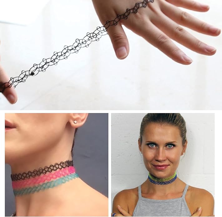 BodyJ4You 12PC Tattoo Choker Necklace - 90s Accessories 2000s Jewelry Y2K Fashion Vintage Trendy - Rainbow Goth Black Pink Green Blue White - Adjustable Stretchy Elastic Necklace Summer Vacation Set