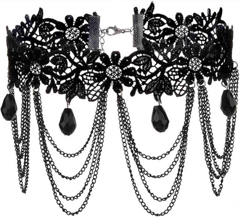 Vintage Lace Choker Necklace for Women Gothic Style Black Crystal Hollowed Out Necklace Statement Layered Tassels Necklace Victoria Halloween Vampire Jewelry