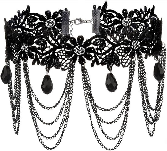 Vintage Lace Choker Necklace for Women Gothic Style Black Crystal Hollowed Out Necklace Statement Layered Tassels Necklace Victoria Halloween Vampire Jewelry