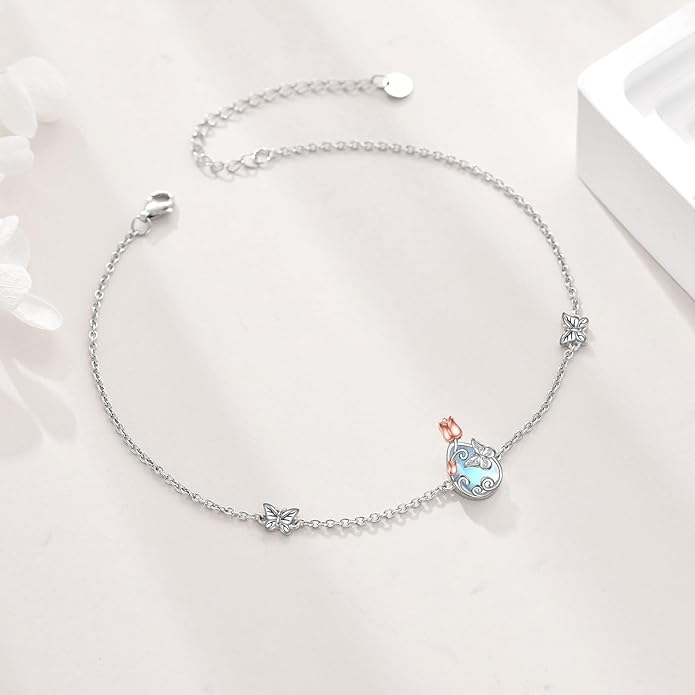 AOBOCO Sterling Silver Anklet for Women Crystal Butterfly Dragonfly Evil Eye Ankle Bracelet