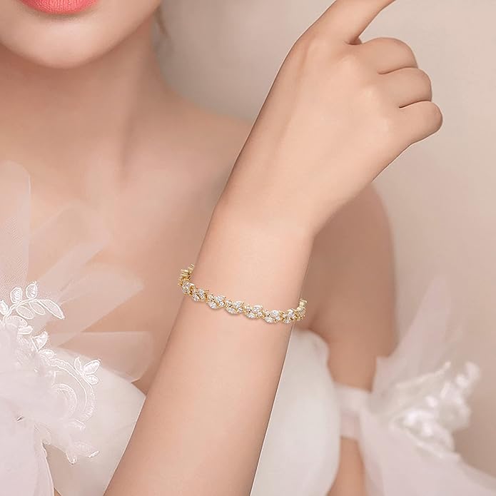 EleQueen Women's Wedding Bridal Jewelry Set for Brides Bridesmaids, Silver/14K Gold/Rose Gold Plated Cubic Zirconia Teardrop Necklace Dangle Earrings Bracelet Sets for Party Prom