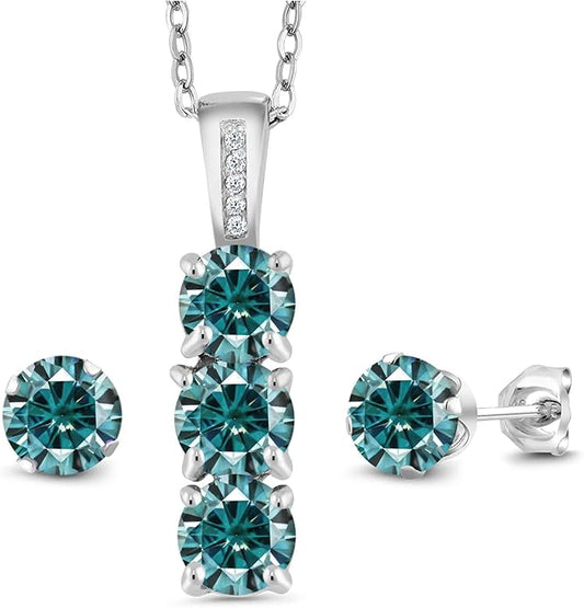 Gem Stone King 925 Sterling Silver 5MM Gemstone Birthstone and White Diamond 3-Stone Pendant and Earrings Jewelry Set For Women | With 18 Inch Chain