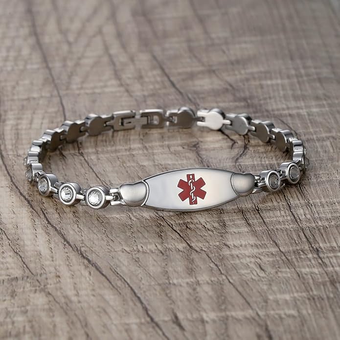 LinnaLove Fashion Shiny medical alert bracelet with Free Engraving Stainless steel Medical id bracelet for Women