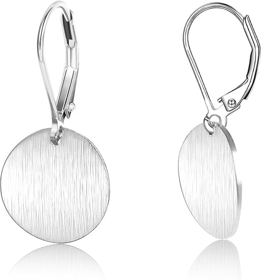 14K Gold Dangle Earrings for Women，Lightweight Circle Disc Coin Geometric Flat Brushed Drop Earrings, Hypoallergenic Leverback Earrings S925 Jewelry