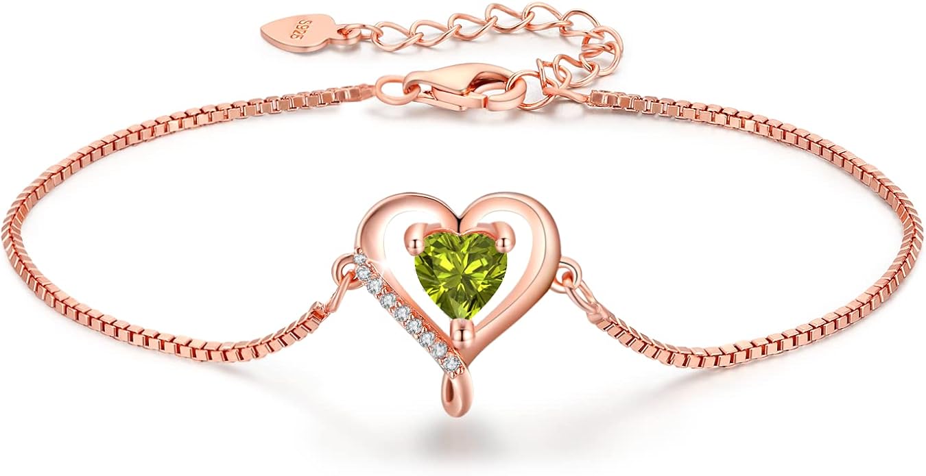 LAVUMO Love Heart Bracelets for Women 925 Silver Charm Birthstone Bracelet Adjustable Anniversary Birthday Jewelry Gifts for Women Girlfriend Wife Daughter Mom Her