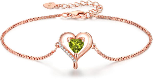 LAVUMO Love Heart Bracelets for Women 925 Silver Charm Birthstone Bracelet Adjustable Anniversary Birthday Jewelry Gifts for Women Girlfriend Wife Daughter Mom Her