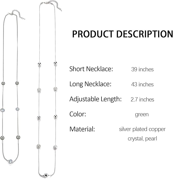 Silver Layered Long Necklace for Women Pearl Crystal Sweater Strand Chain Necklaces Fashion Gifts