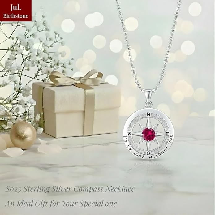 Compass Necklace for Women Wife Girlfriend Mom Daughter Gifts S925 Silver Jewelry For Anniversary Rose Gold Gifts For Birthday Christmas Mothers Valentines Day 12 Birthstones