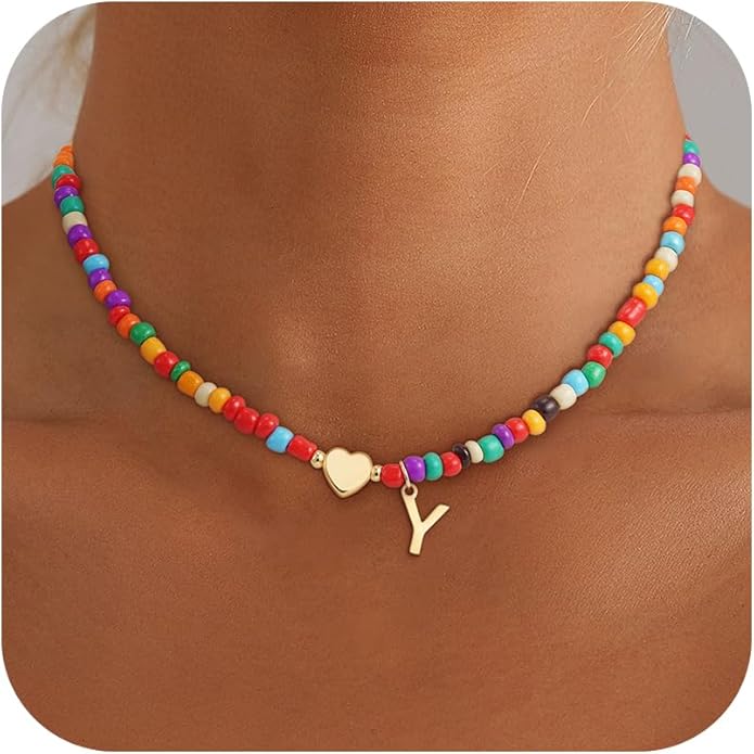 Colorful Initial Necklaces for Girls Women Kids - Teen Girls Gifts Trendy Stuff Beaded Initial Necklace Dainty Letter Choker Necklace for Girl Gifts Jewelry