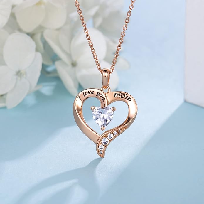 NINAMAID Mom Necklace 925 Sterling Silver Heart Necklaces for Women Engraved I Love You You Mom Gifts for Mom from Daughter