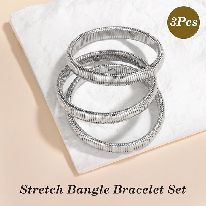 Emibele Gold Bangles Bracelet Set for Women, 18K Gold Plated Chunky Stainless Steel Non Tarnish Stretch Bracelet Stack, Flexible Wide Wristband Bangle Layered Snake Chain Bracelets