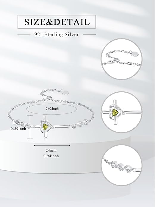 Cross Birthstone Charm Link Bracelet 925 Sterling Silver Cross Bracelet with 12 Months Birthstone Religious Christian Jewelry Gifts for Women Mom Her,Chain Length 7"+2" Extend