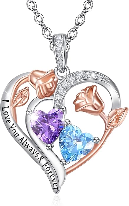 Zeuslia Double Birthstone Necklace Gifts for Wife - 925 Sterling Silver Sunflower/Rose/Crown Cross/Compass/Heart Pendant I Love You Necklace, Anniversary Birthday Gifts for Wife Girlfriend Mom Her