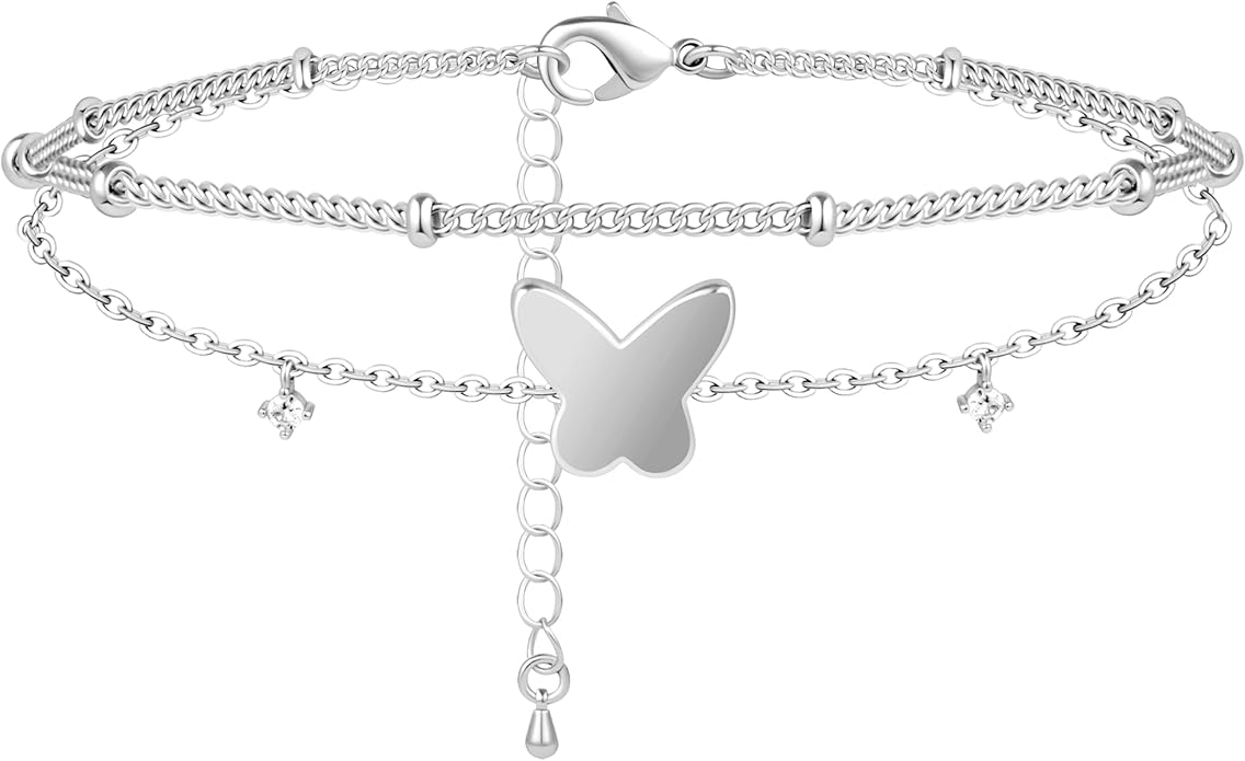 Sterling Silver Anklet Bracelets for Women Waterproof, 925 Sliver Plated CZ & Heart Charm Dainty Layer Anklets for Women Trendy, Simple Chain Anklets Set Gifts for Women, Jewelry Gifts for Her Women Mom Wife Girlfriend