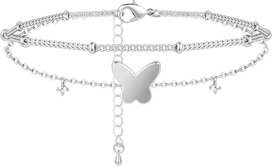 Sterling Silver Anklet Bracelets for Women Waterproof, 925 Sliver Plated CZ & Heart Charm Dainty Layer Anklets for Women Trendy, Simple Chain Anklets Set Gifts for Women, Jewelry Gifts for Her Women Mom Wife Girlfriend