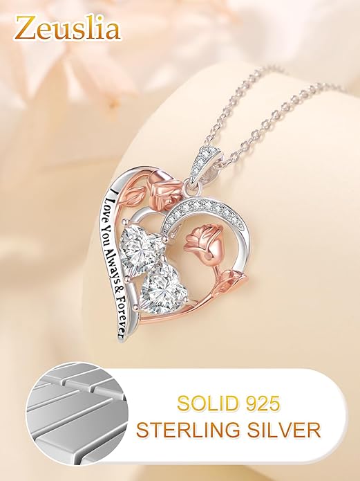 Zeuslia Double Birthstone Necklace Gifts for Wife - 925 Sterling Silver Sunflower/Rose/Crown Cross/Compass/Heart Pendant I Love You Necklace, Anniversary Birthday Gifts for Wife Girlfriend Mom Her