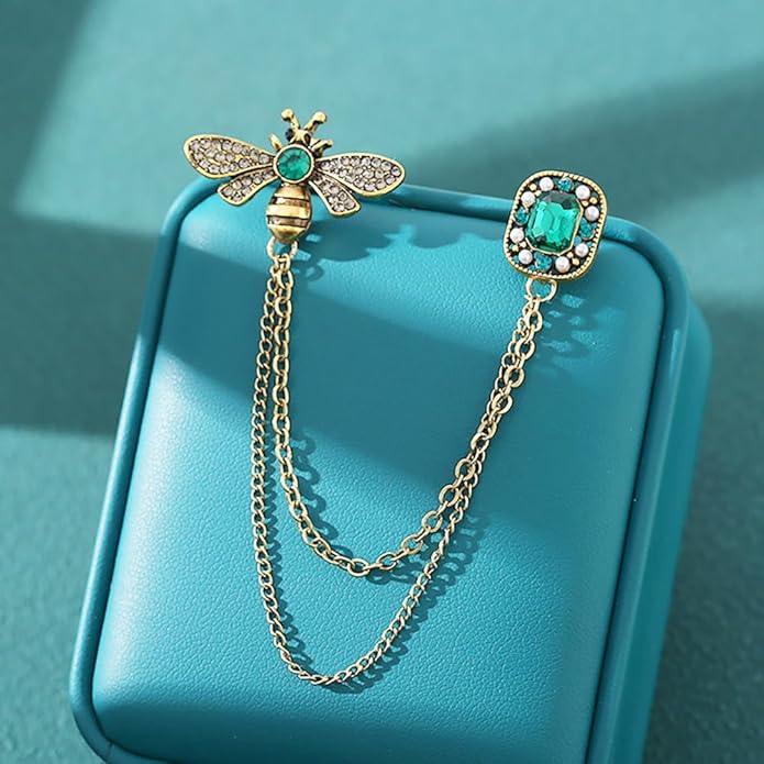 Crystal Insect Bee Brooch Pin Vintage Long Tassel Bee Chain Lapel Pin Rhinestone Bee Corsage Suit Jacket Brooch Pin Jewelry for Women Men Gifts
