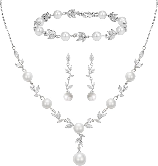 SWEETV Jewelry Set for Bride Women, Cubic Zirconia Pearl Bridal Earrings Necklace Bracelet Set, Bridal Jewelry Set for Wedding Prom