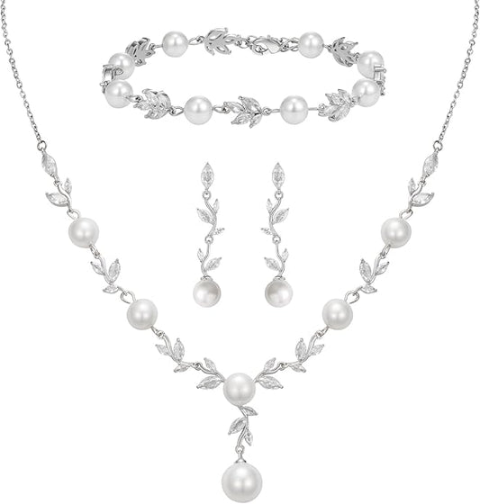 SWEETV Jewelry Set for Bride Women, Cubic Zirconia Pearl Bridal Earrings Necklace Bracelet Set, Bridal Jewelry Set for Wedding Prom