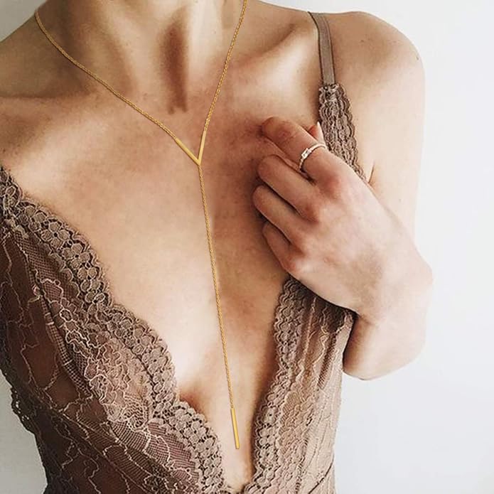 FOCALOOK Long Necklaces for Women 14K Gold Plated Dainty Drop Bar Pendant Lariat Y-Shaped Necklace Earring Set 28inch/73cm