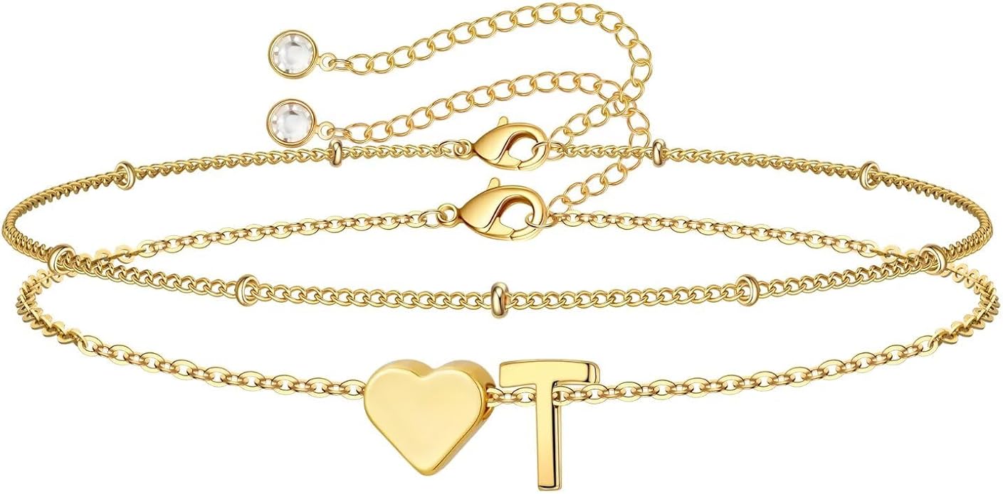M MOOHAM Christmas Gifts for Grandkids Teens Girls -14K-Gold-Plated Heart Initial Bracelets for Women Girl Dainty Gold Bracelets Birthday Gift Stocking Stuffers for Women Teenage Girls Kids Gifts