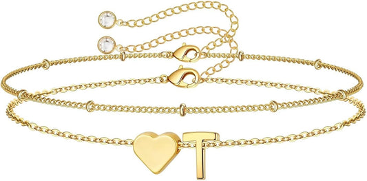 M MOOHAM Christmas Gifts for Grandkids Teens Girls -14K-Gold-Plated Heart Initial Bracelets for Women Girl Dainty Gold Bracelets Birthday Gift Stocking Stuffers for Women Teenage Girls Kids Gifts