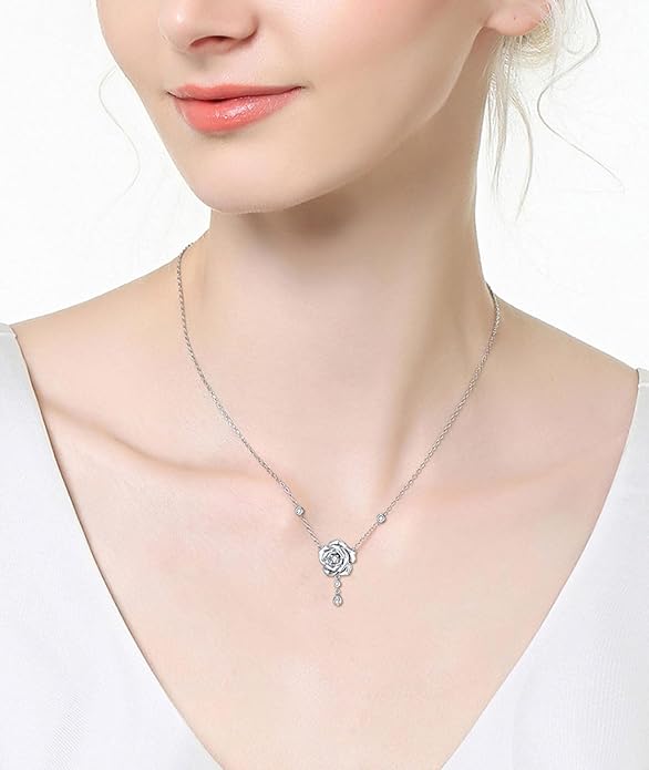 1/14 Carat Diamond Rose Necklace for Women 925 Sterling Silver Rose Flower Pendant Necklaces 18K Gold Plated Fine Jewelry