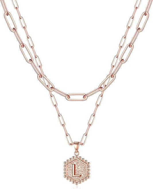 M MOOHAM Dainty Initial Necklaces for Women - Layering Necklace for Women Cute Hexagon Letter Initial Necklace Layered Necklaces for Womens Gifts