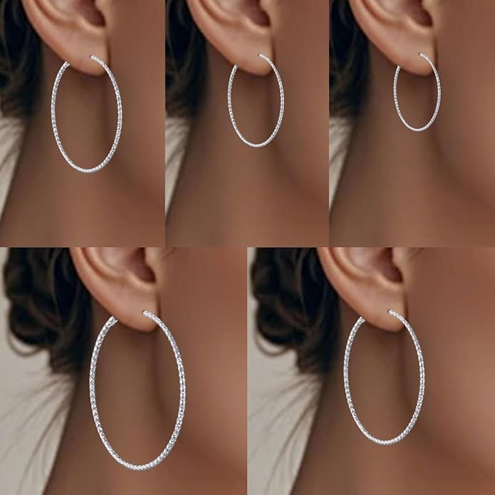 5/10 Pairs Stainless Steel Hoop Earrings for Women Hypoallergenic Large Small 14K Gold Plated Starry Sky Filigree Hoops Silver Plated Hoop Earring Pack Lightweight Fashion Earrings Set