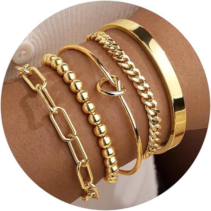 Gold Bracelets for Women Non Tarnish, 14K Gold Plated Chunky Cuff Bracelet Gold Bangles Bracelet for Women Trendy Tie Knot Cuban Rope Paperclip Beaded Bracelet Stack Jewelry Gifts