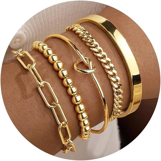 Gold Bracelets for Women Non Tarnish, 14K Gold Plated Chunky Cuff Bracelet Gold Bangles Bracelet for Women Trendy Tie Knot Cuban Rope Paperclip Beaded Bracelet Stack Jewelry Gifts