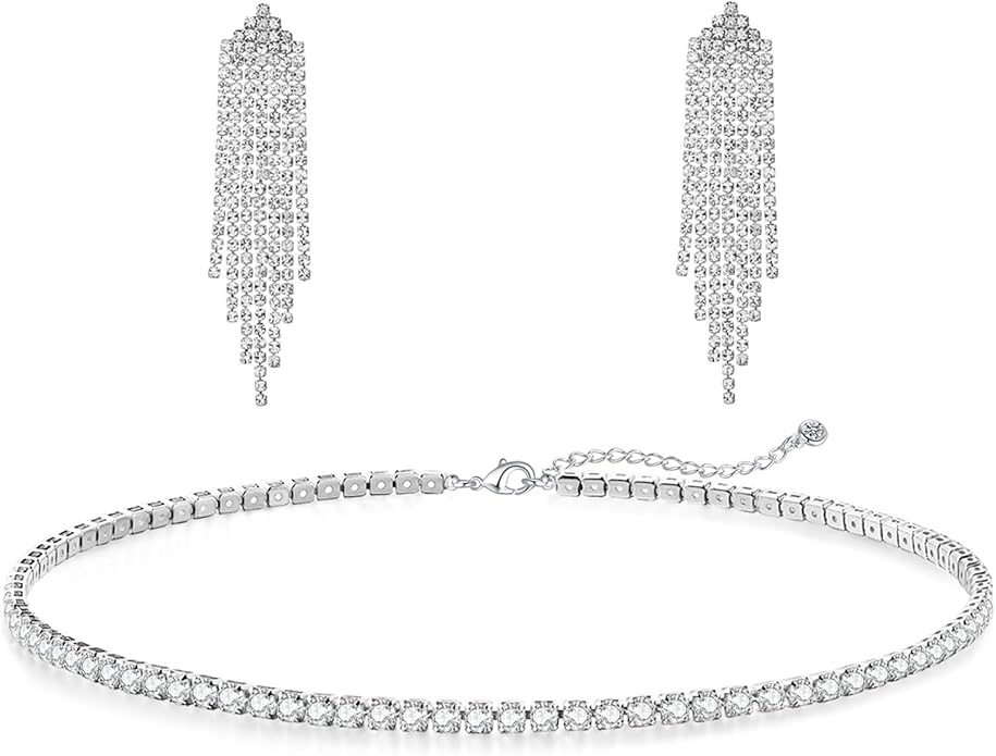 Tennis Necklace Bracelet for Women, Sterling Sliver, Dainty Chocker Necklace, Crystal Bracelet for Women, Wedding Jewelry for Bride, Sparkly Party Prom Hypoallergenic