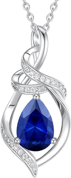 FANCIME Teardrop Gemstone Necklace for Women S925 Sterling Silver Elegant Ribbon Pendent Birthday Gifts for Her, 16"+2" Inches