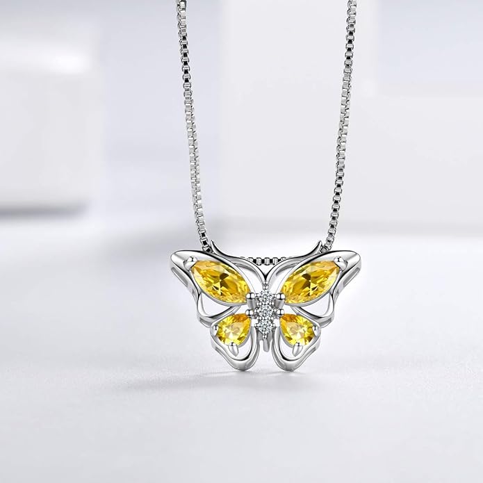 Aurora Tears Butterfly Birthstone Pendant Necklace - Women 925 Sterling Silver Butterflies Birthstone Pendant Necklace Jewelry Birthday Gift for Women
