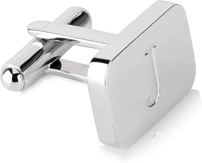 18K White-Gold Plated Initial Engraved Stainless Steel Men’s Cufflinks With Gift Box -Personalized Alphabet Letter’s A-Z By Lux & Pair