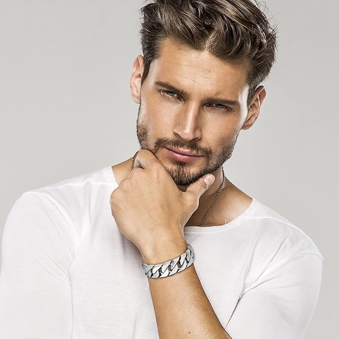 COOLSTEELANDBEYOND Mens Stainless Steel Large Curb Chain Link Bracelet Solid Curb Chain Wristband Biker Punk Jewelry Masculine Accessory