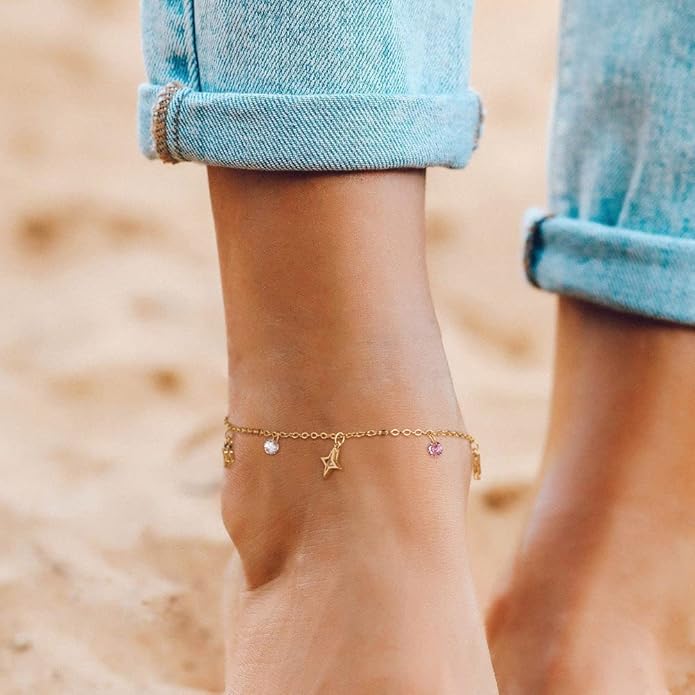 MTMY Gold Anklets for Women 14K Gold Plated Tiny Bead Anklet Colorful Tassel Foot Chain Dainty Adjustable Cute Summer Beach Boho Anklets Jewelry Gift