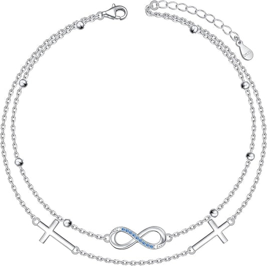 Anklets for Women 925 Sterling Silver Charm Layered Simulated Opal/Moonstone/Daisy/Infinity Summer Beach Ankle Bracelet Foot Chain Jewelry Birthday Valentine's Day Mother's Day Gift