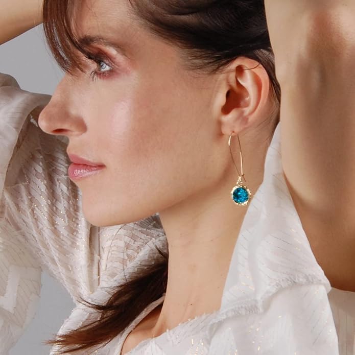 Simulated Druzy Threader Drop Earrings for Women - Gold, Silver, or Rose Gold Tone Trendy Boho Dangles with Sparkly Round Stone