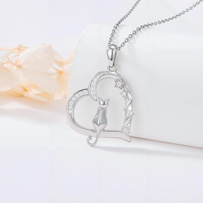 Cat Gifts for Women 925 Sterling Silver Heart Moon Cat Necklace Pendant Women Jewelry Halloween Christmas Gifts