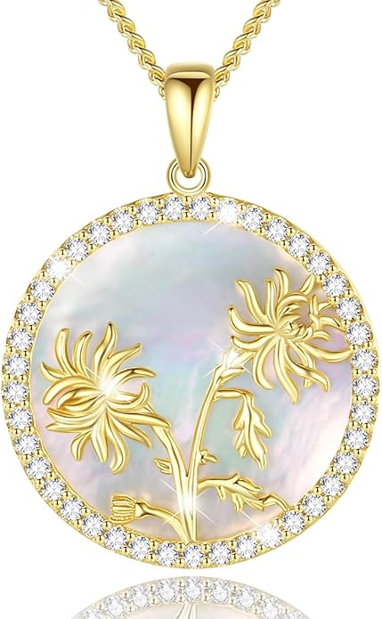 AGVANA Valentines Day Gifts Sterling Silver Birth Flower Necklace for Women Genuine Mother of Pearl CZ Round Disc Pendant Necklace Fine Jewelry Anniversary Birthday Gifts for Women Wife Mom Her