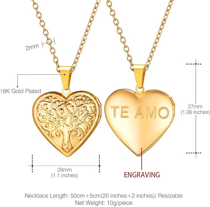 U7 Women Locket Necklace Platinum 14K Gold Photo Lockets that Hold Picture,Chain 20 Inch Personalized Gift Custom Love Heart Image Necklaces