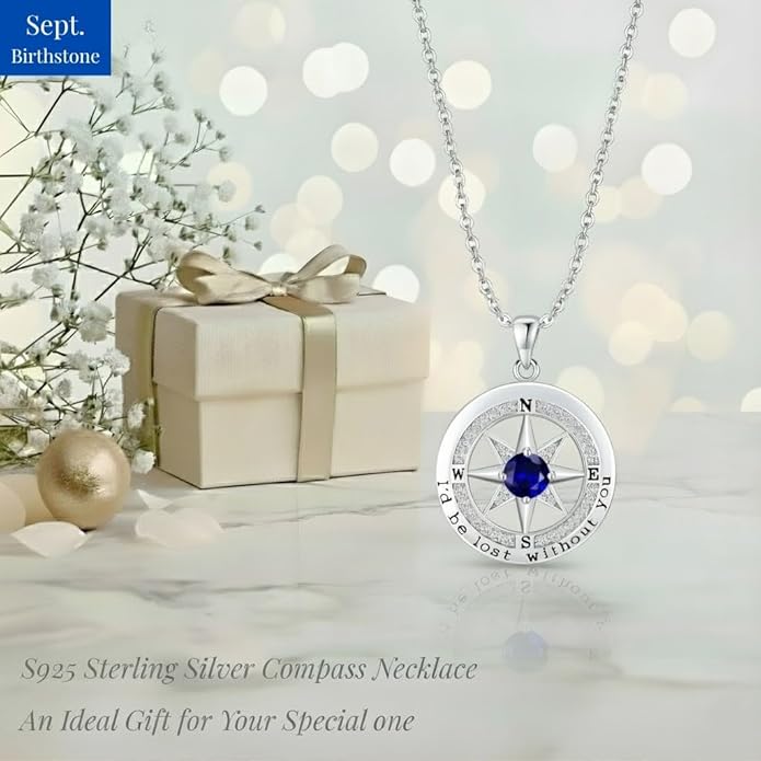 Compass Necklace for Women Wife Girlfriend Mom Daughter Gifts S925 Silver Jewelry For Anniversary Rose Gold Gifts For Birthday Christmas Mothers Valentines Day 12 Birthstones