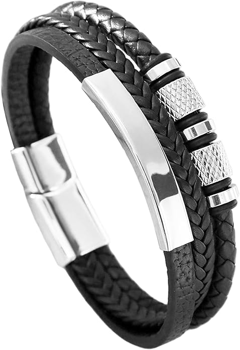 Italian Handmade Genuine Leather Bracelets for Men Stainless Steel Clip, Men's Casual Genuine Multi-layer Cuff Bracelet, Bracelet Gift for Real Men