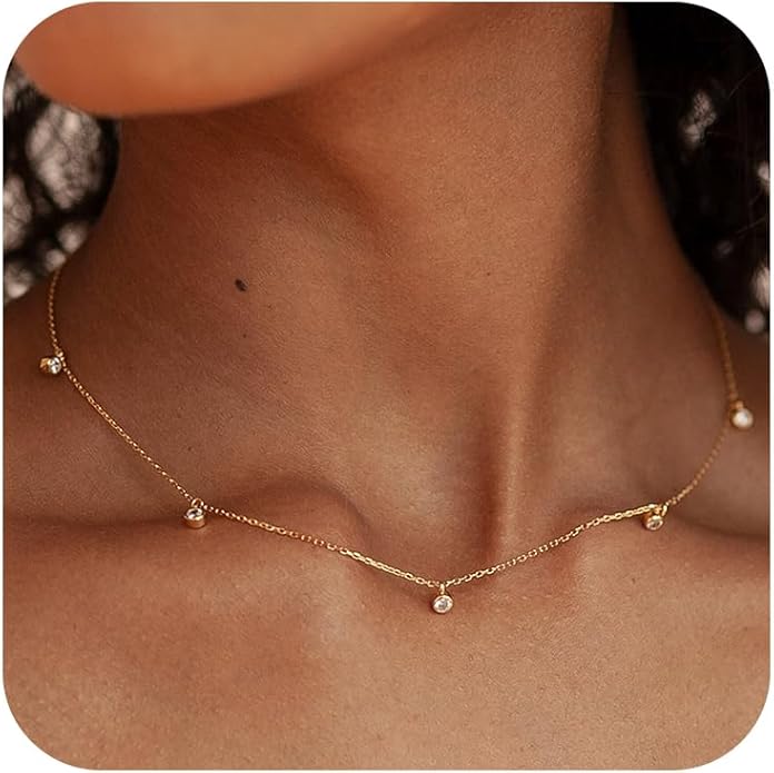 Dainty Gold Diamond Necklace for Women, 14k Gold Plated Diamond Station Choker Necklace for Women Daily & Minimalist, Gold Jewelry for Women