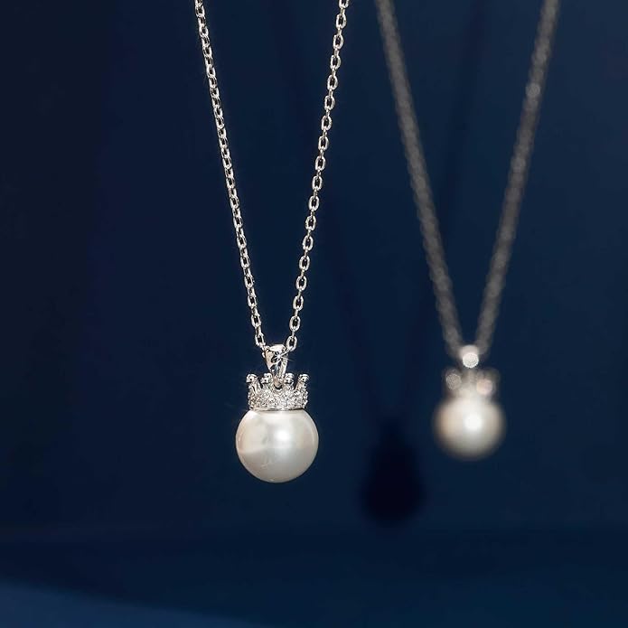 Pearl Necklace for women,10mm Single pearl Necklace, Silver Princess Crown Pearl Pendant Dainty Jewelry Gift for Wife, Mom,Girlfriend,Anniversary, Birthday,Valentine’s Day