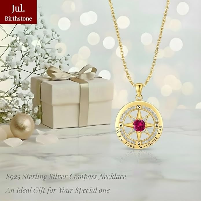 Compass Necklace for Women Wife Girlfriend Mom Daughter Gifts S925 Silver Jewelry For Anniversary Rose Gold Gifts For Birthday Christmas Mothers Valentines Day 12 Birthstones